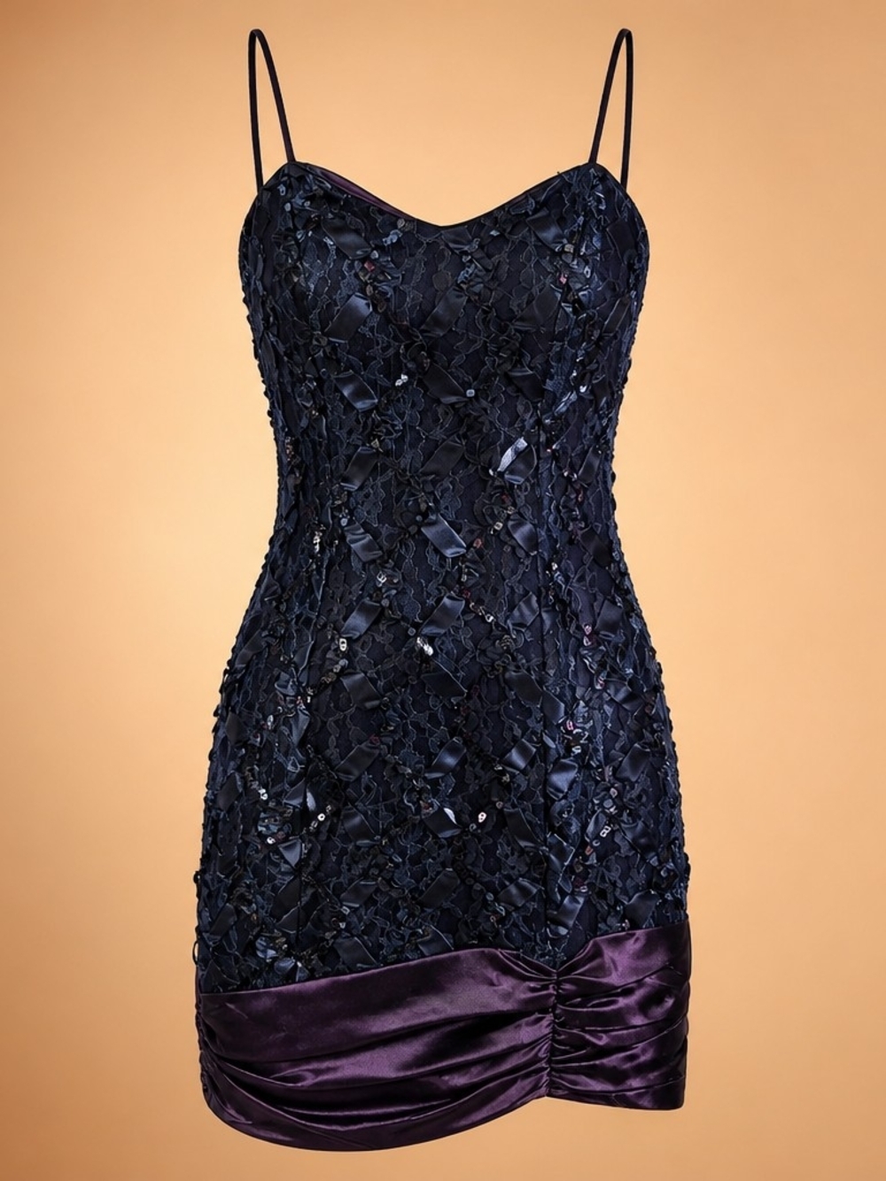 Homecoming Dress Navy Blue Lace Sequin Ribbon Purple Satin Vintage Mini Y2K 4034